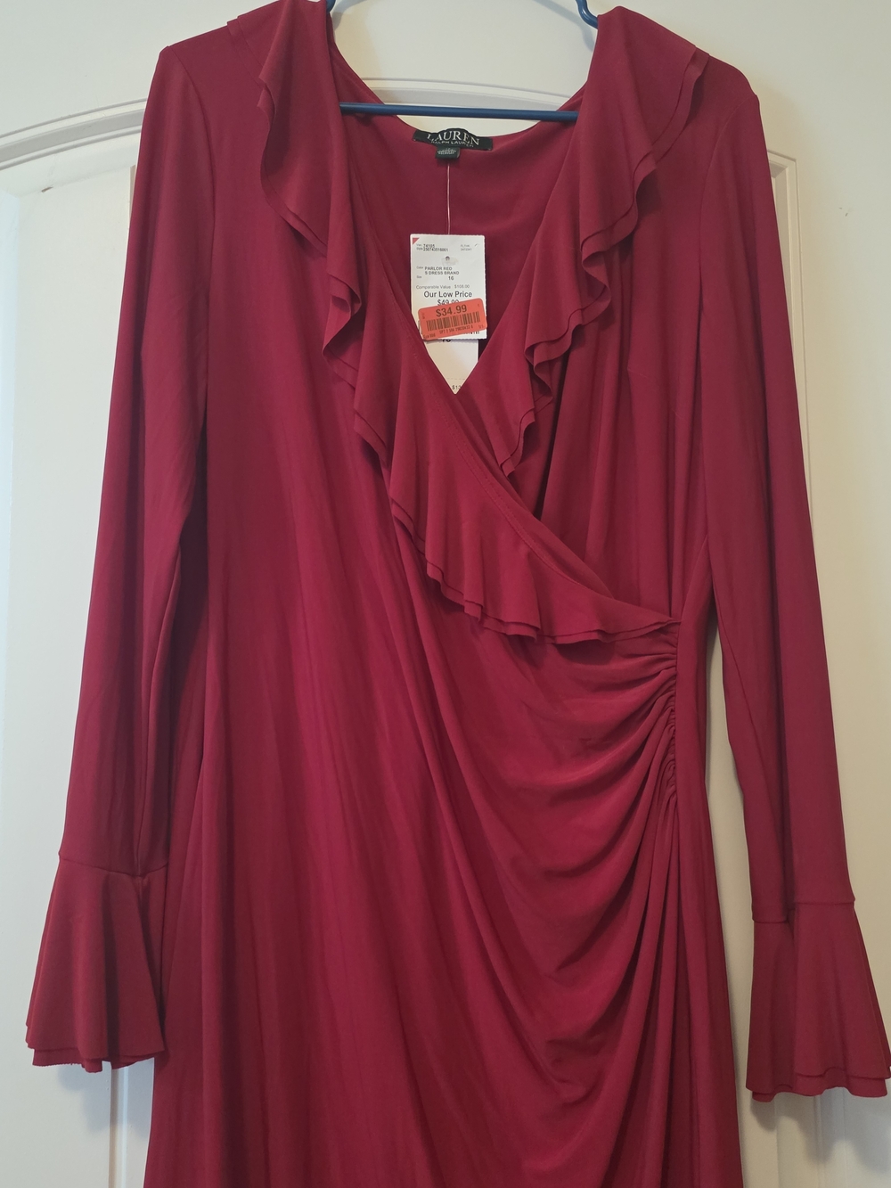 Nwt Size 16 Lauren by Ralph Lauren Red Ruffle Wrap-Style Dress - Picture 2 of 5